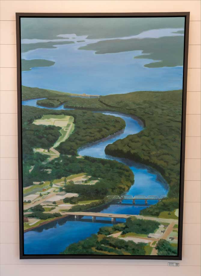 A painting of West Point Lake and it's dam, done by Sean Burnley.