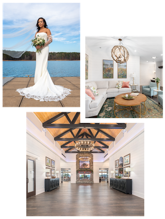 A collage of images, including a bride celebrating her wedding, and the bridal suite and entryway to Oakfuskee Conservation Center.